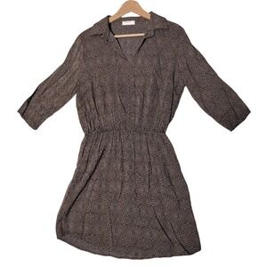 Renee C Womens Geometric Diamond Print V-Neck Shirt Dress Black Tan Made in USA